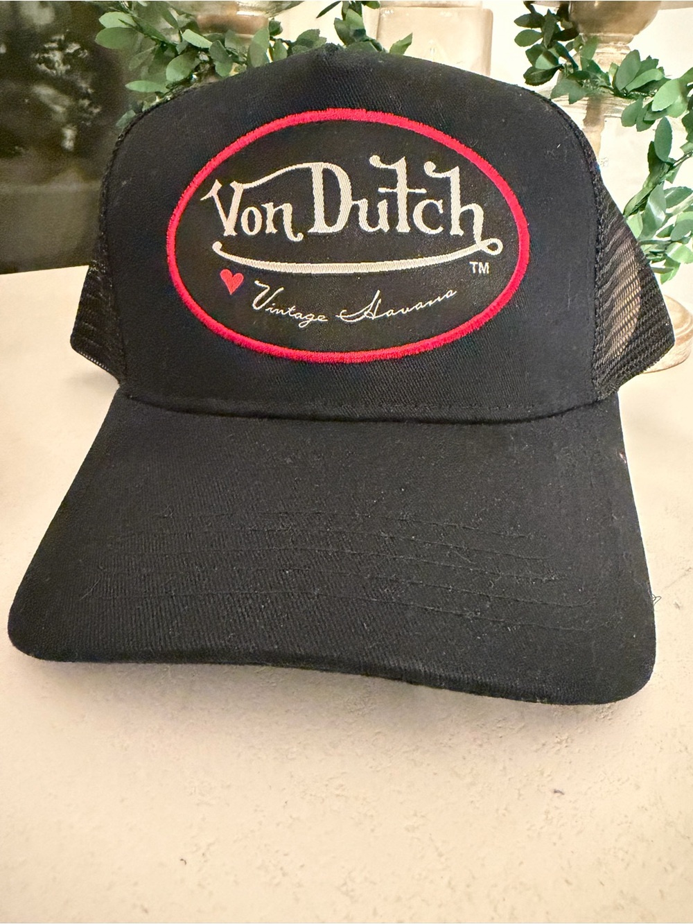 Von Dutch x Vintage Havana Black Trucker Cap with Red Accent